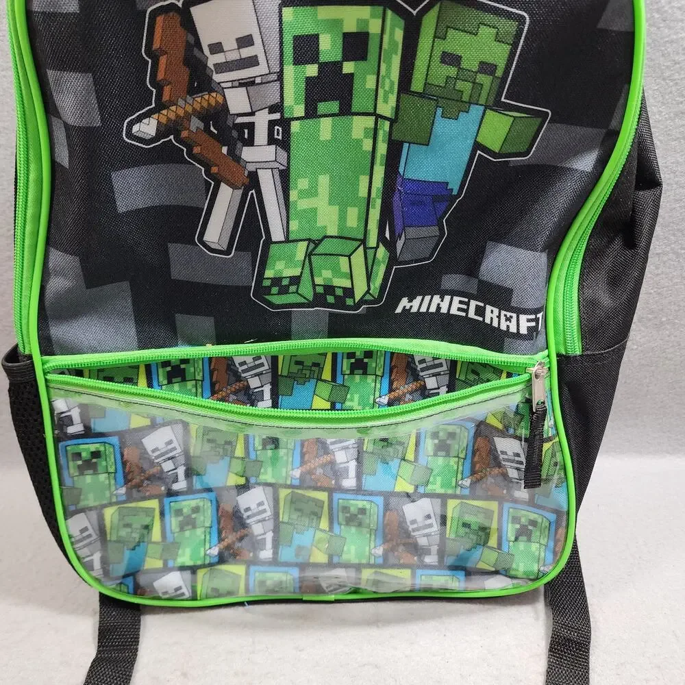 Children's Minecraft Character School Back Pack Book Bag Design Black-Green